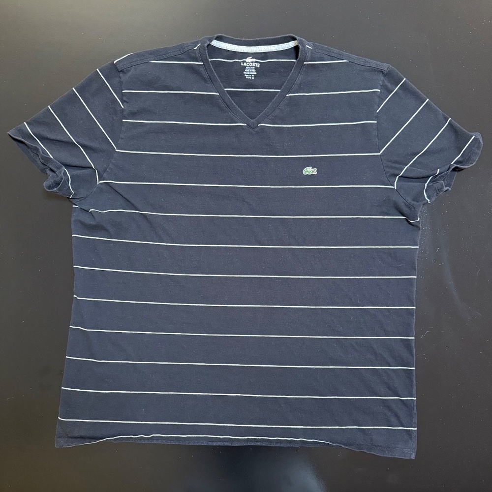 Lacoste V Neck T-Shirt - Size XXL - Black w/ White Stripes